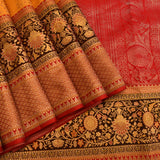 Mustard Orange Kanjivaram Silk Saree With Black Floral Border