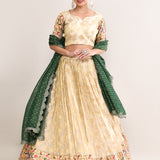 Pastel Cream Kota Fabric Floral Printed Lehenga Set