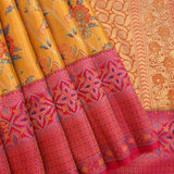 Mustard Yellow Kanjivaram Silk Saree With Pink Border And Multicolour Floral Weave