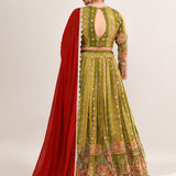 Mehendi Green Satin Crepe Zari Embroidered Lehenga Set