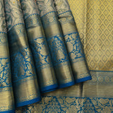 Grey And Peacock Blue Kanjivaram Silk Saree With Multicolor Floral Weave