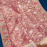 Pink Banarasi Weave Kanjivaram Saree With Multicolour Floral Embroidered Border