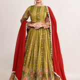 Mehendi Green Satin Crepe Zari Embroidered Lehenga Set