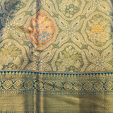 Grey And Peacock Blue Kanjivaram Silk Saree With Multicolor Floral Weave