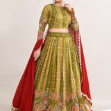 Mehendi Green Satin Crepe Zari Embroidered Lehenga Set