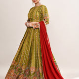 Mehendi Green Satin Crepe Zari Embroidered Lehenga Set