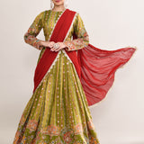 Mehendi Green Satin Crepe Zari Embroidered Lehenga Set