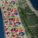 Sage Green Organza Saree With Diamond Jaal Body And Woven Parrot-Floral Shikargah Border