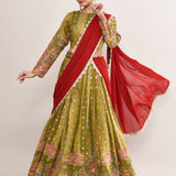 Mehendi Green Satin Crepe Zari Embroidered Lehenga Set