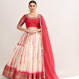 Off White And Red Raw Silk Lehenga Set