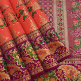 Kanjivaram Silk Saree In Orange Red With Multicolour Elephant Shikargah And Contrast Purple Paisley Floral Border