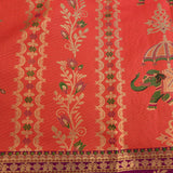 Kanjivaram Silk Saree In Orange Red With Multicolour Elephant Shikargah And Contrast Purple Paisley Floral Border