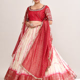 Off White And Red Raw Silk Lehenga Set