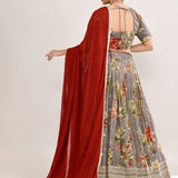 Ash Grey Satin Crepe Floral Printed Lehenga Set