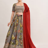 Ash Grey Satin Crepe Floral Printed Lehenga Set