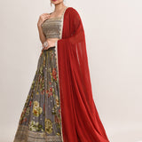 Ash Grey Satin Crepe Floral Printed Lehenga Set