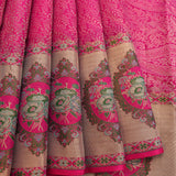 Kanjivaram Silk Saree In Hot Pink With Gold Zari Leaf Jaal And Contrast Antique Gold Multicolour Rose Medallion Border