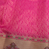 Kanjivaram Silk Saree In Hot Pink With Gold Zari Leaf Jaal And Contrast Antique Gold Multicolour Rose Medallion Border