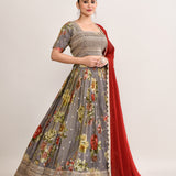 Ash Grey Satin Crepe Floral Printed Lehenga Set