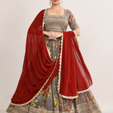 Ash Grey Satin Crepe Floral Printed Lehenga Set
