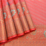 Kanjivaram Silk Saree In Coral Red With Dual-Tone Zari Rose Floral Jaal And Self Gold Geometric Border