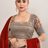 Ash Grey Satin Crepe Floral Printed Lehenga Set