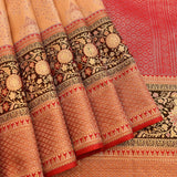 Peach Kanjivaram Silk Saree With Black And Red Border And Gold Zari Floral Weave