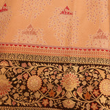 Peach Kanjivaram Silk Saree With Black And Red Border And Gold Zari Floral Weave