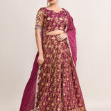 Deep Plum Purple Tissue Floral Printed Lehenga Set