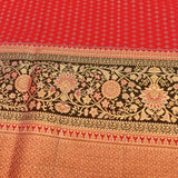 Peach Kanjivaram Silk Saree With Black And Red Border And Gold Zari Floral Weave