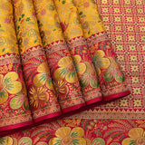 Golden Yellow Kanjivaram Silk Saree With Pink Floral Border