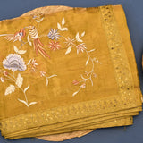 Vibrant Yellow Organza Tissue Saree With Hand-Embroidered Roses, Birds & Botanical Design