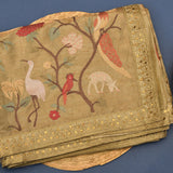 Elegant Golden Organza Tissue Saree With Hand-Embroidered Birds & Floral Motifs
