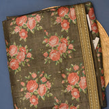 Olive Green Sheer Organza Saree With Crimson Red Floral Jaal And Contrast Gold Zari Border