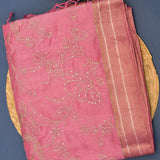 Soft Pastel Pink Sheer Organza Saree With Peach Floral Clusters And Woven Gold Zari Border