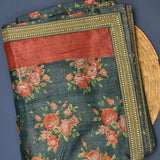 Elegant Forest Green Printed Saree With Coral Rose Floral Design, Red Pallu & Gold Embroidered Border