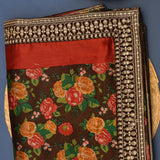 Stunning Chocolate Brown Printed Saree With Vibrant Rose Floral Design & Gold Embroidered Border