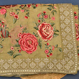 Elegant Olive Green Organza Tissue Saree With Hand-Embroidered Roses, Birds & Gold Border