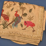 Elegant Beige Organza Tissue Saree With Hand-Embroidered Mughal Birds & Botanical Design