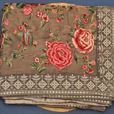 Brown Organza Tissue Designer Saree With Floral And Animal Embroidered Border Highlight
