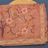 Enchanting Dusty Rose Designer Organza Tissue Saree With Embroidered Floral & Bird Motifs