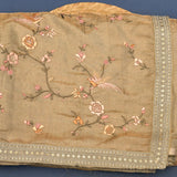 Beige Organza Tissue Saree With Hand Embroidered Bird And Floral Motifs