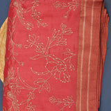 Vibrant Peach Cotton Saree With Hand-Embroidered Gold Beaded Floral Motifs