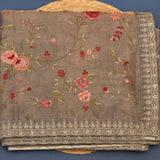 Brown Multi-Color Organza Tissue Printed Saree With Floral Patterns