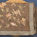 Sophisticated Brown Cotton Saree With Hand-Embroidered Floral, Birds & Pichwai Design