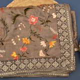 Grey Organza Tissue Designer Saree With Multicolor Floral Embroidery And Silver Zari Border