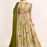 Olive Green Satin Crepe Floral Printed Lehenga Set