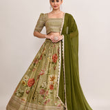 Olive Green Satin Crepe Floral Printed Lehenga Set