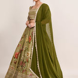 Olive Green Satin Crepe Floral Printed Lehenga Set