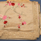 Beige Organza Tissue Saree With Hand-Painted Floral Design And Gold Zari Border